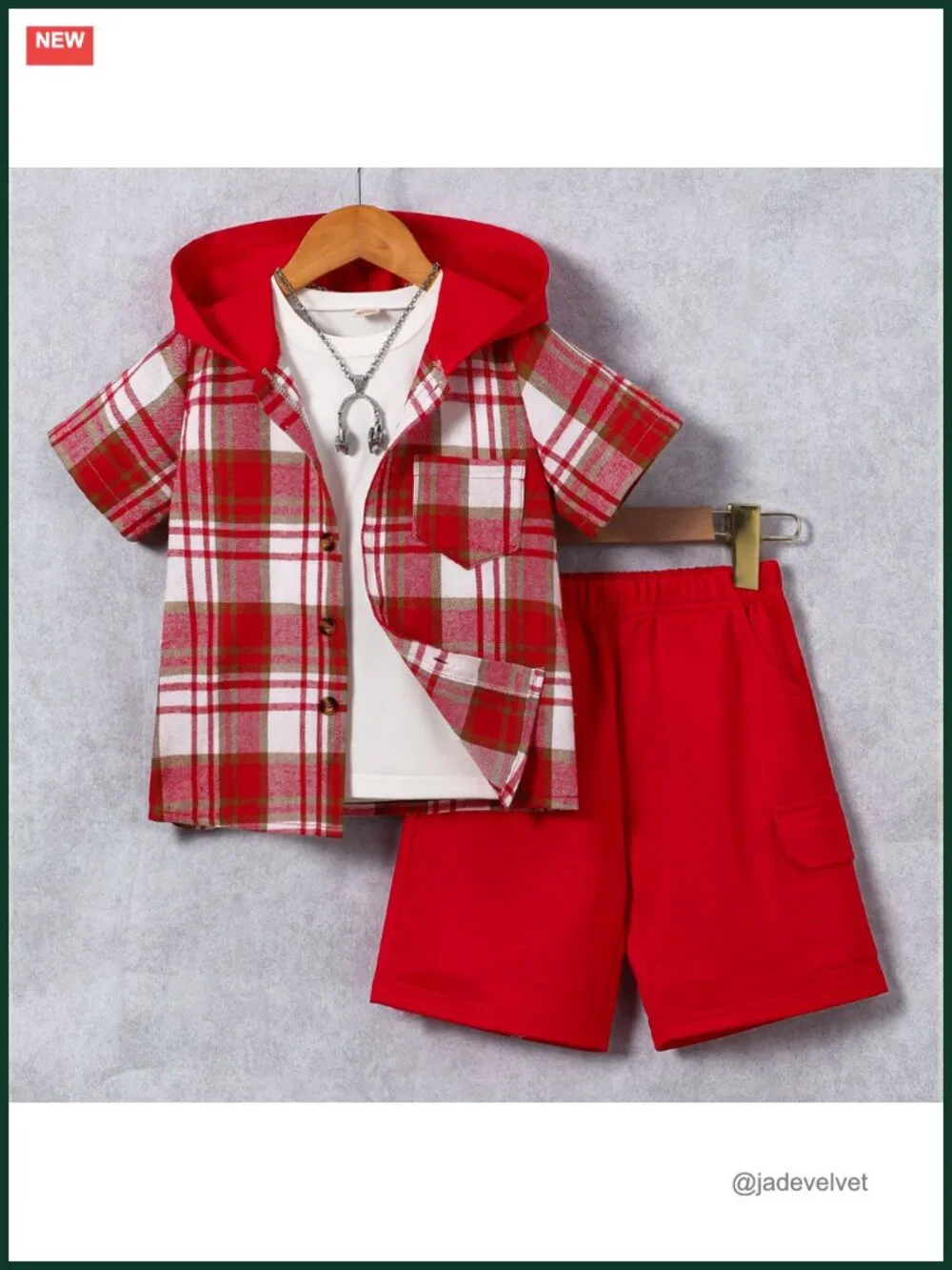Boys Plaid Hooded Button Shirt and Jogger Shorts Set 2-Piece Summer Outfit